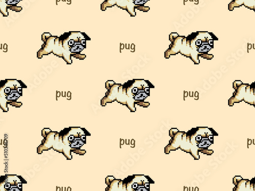 Pug cartoon character seamless pattern on yellow background. Pixel style