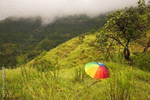 A rainbow colored umbrella amidst emerald rolling hills  relaxing on the lap of florescent green grass  drinking diffused light and enjoying perfect misty atmosphere of monsoon to get ready for work .