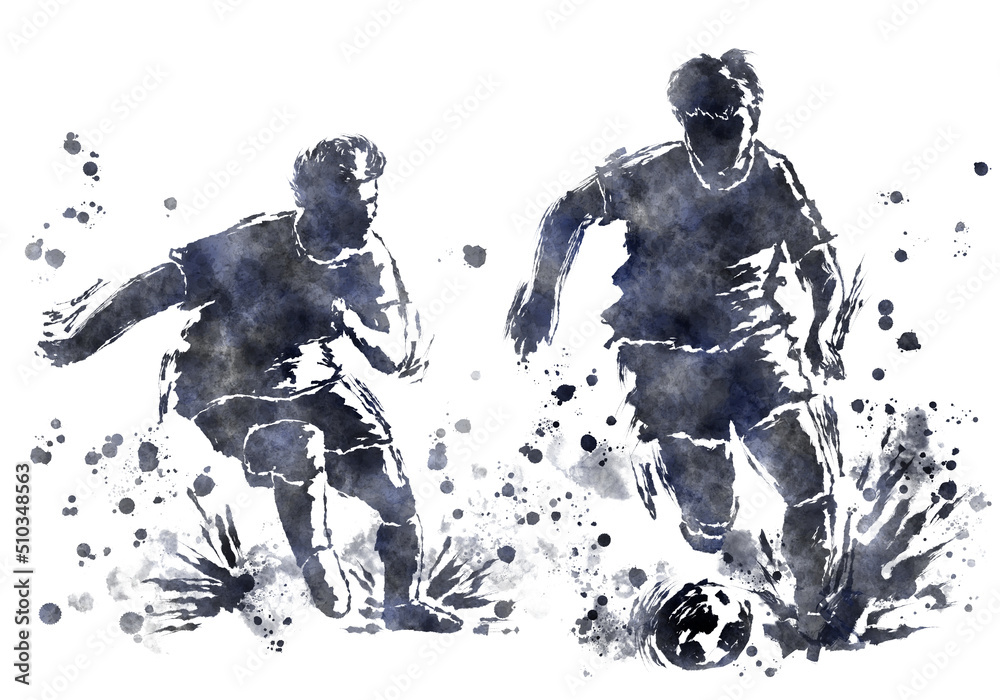 A soccer player and a soccer ball painted with watercolor splash effect
