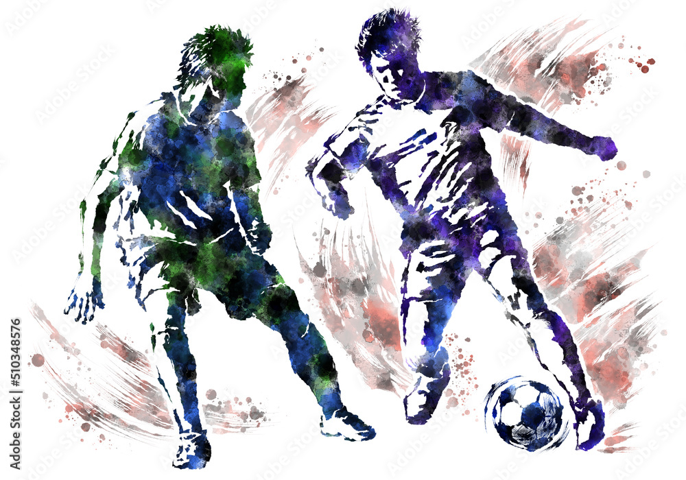 Obraz premium A soccer player and a soccer ball painted with watercolor splash effect