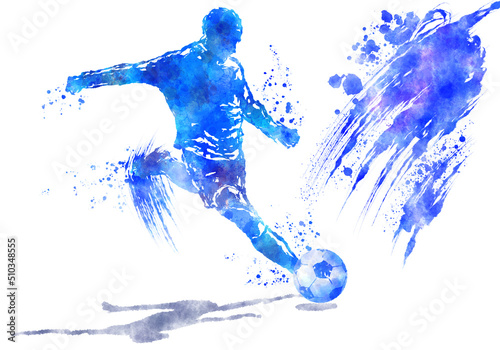 Canvastavla A soccer player and a soccer ball painted with watercolor splash effect