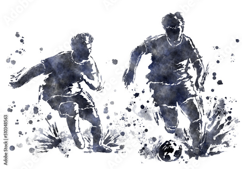 A soccer player and a soccer ball painted with watercolor splash effect 