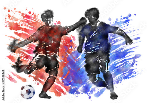 A soccer player and a soccer ball painted with watercolor splash effect 