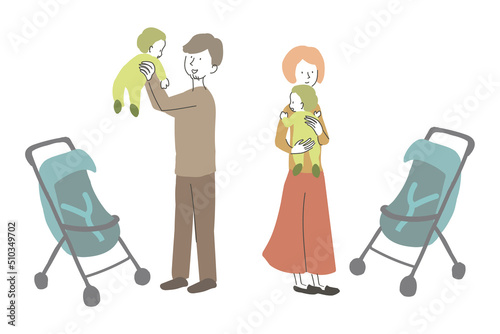 幼児を抱き上げる父親と母親のイラスト