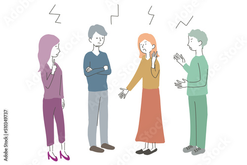 意見の言い合いをする男女のグループのイラスト