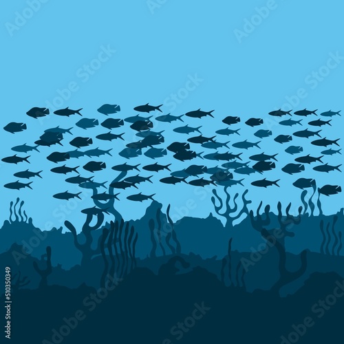 Vector illustration of a group of fish swimming under the blue sea. Seabed with coral reefs and seaweed. Isolated on a blue background. Aquatic life.