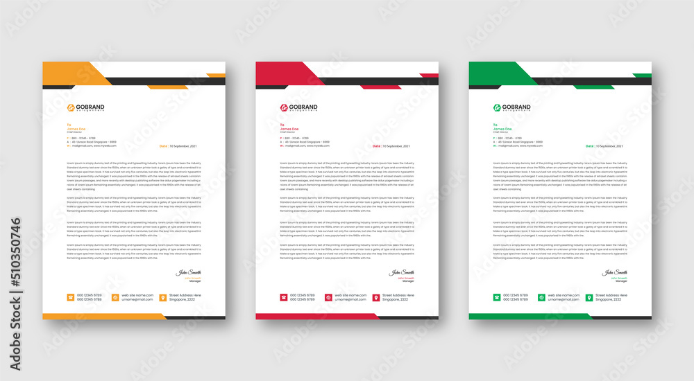 Professional business letterhead design in red, yellow, green & blue for corporate office. Vector design illustration. Simple & creative modern corporate letterhead template