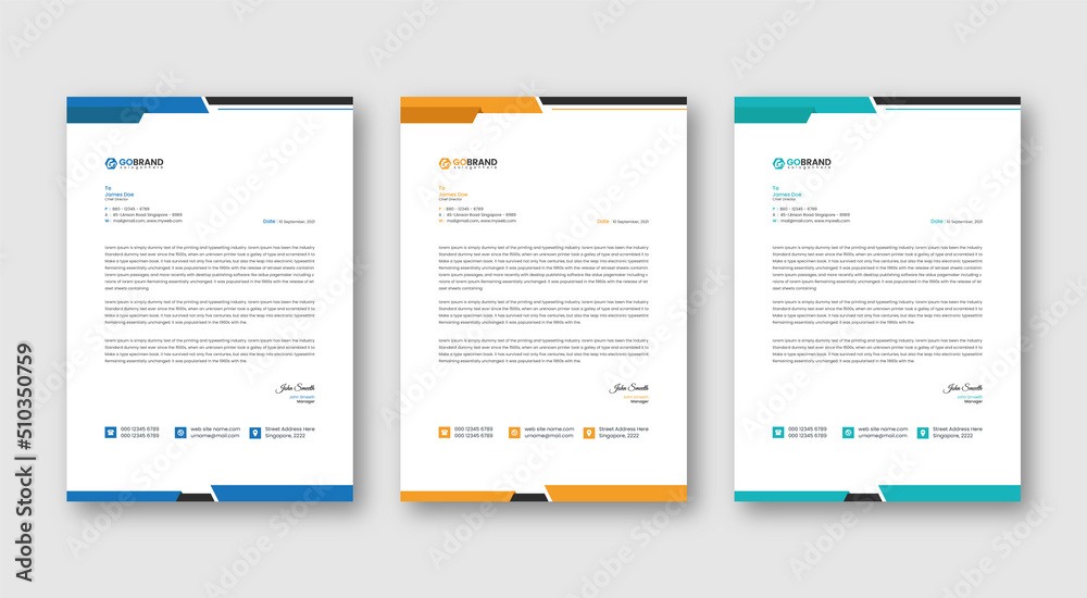 Professional business letterhead design in red, yellow, green & blue for corporate office. Vector design illustration. Simple & creative modern corporate letterhead template Professional business letterhead design in red, yellow, green & blue for corporate office. Vector design illustration. Simple & creative modern corporate letterhead template