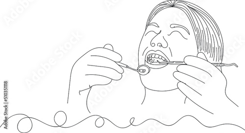 Dentist logo, Dental Doctor vector, Sketch drawing of dentist looking teeths with dental tool mirror explorer and forceps