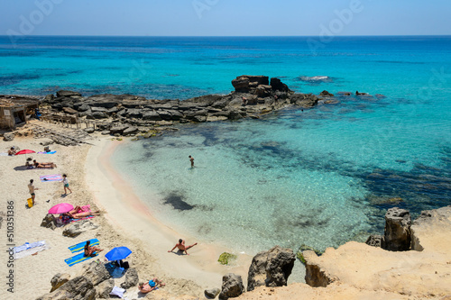 Fototapeta Naklejka Na Ścianę i Meble -  One of the best known beaches in Formentera. It is Calo des Mort. With clear and calm waters, this beach is frequented by couples on vacation.
