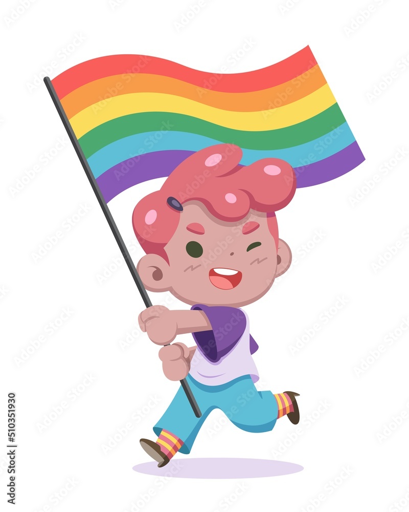 Cute style LGBT person waving pride flag cartoon illustration Stock ...