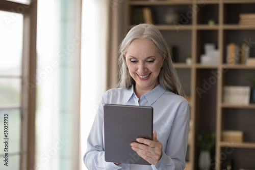 Smiling attractive middle-aged businesslady stand at workplace hold digital tablet working on-line, make task, learn new software, buy services on internet. Modern tech, business application concept