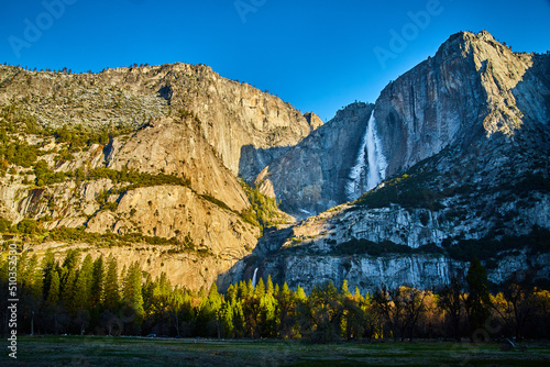 Sunrise at Upper Yosemite Falls from valley floor