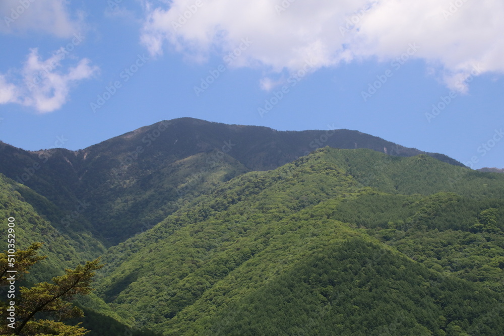 日本の山の風景。山梨県西沢渓谷を囲む山。破風山