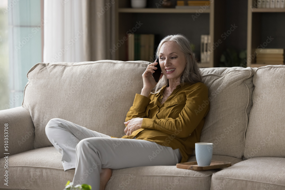 Smiling middle-aged woman holds cellphone makes call to grown up children or friend sit on sofa at home. Distance communication, older generation using modern wireless tech, phonecall activity concept Smiling middle-aged woman holds cellphone makes call to grown up children or friend sit on sofa at home. Distance communication, older generation using modern wireless tech, phonecall activity concept