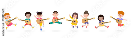 group of cute kid jumping playing guitar, happy children playing the guitar. Musical performance. isolated vector Illustration on white background. in cartoon flat style