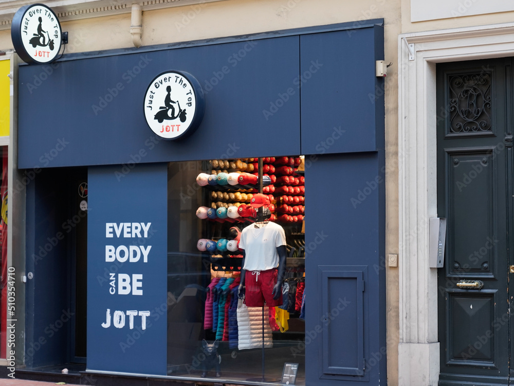 Jott logo text and brand sign Just over the top store wall facade French  shop chain clothing streetwear fashion bout Stock Photo | Adobe Stock