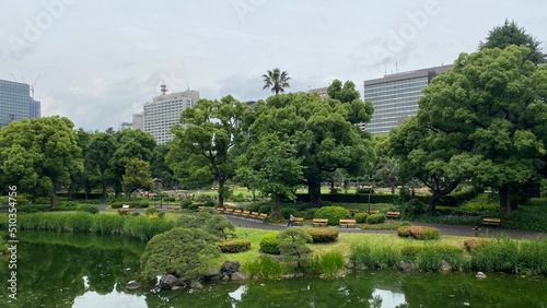 The zen garden and the city skyscrapers view at the Hibiya park Tokyo central downtown, next to the Imperial palace, year 2022 June 11th