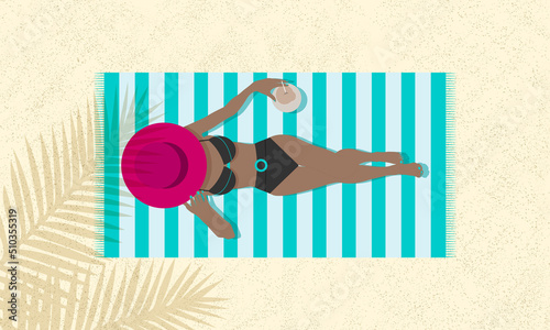 girl sunbathing on the beach vector illustration