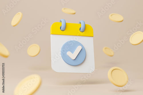 Calendar minimal simple design with check mark and gold cions on brown background. Time is money concept. Save money and investment. 3d rendering illustration