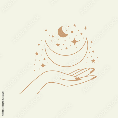 Mystic astrology logotype. Hand drawn magic vintage signs, esoteric cult fairy simple design. Line moon and stars on female hand, emblem or logo. Vector abstract zodiac beauty symbol