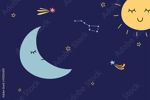 Cute planets. Night starry sky. Cartoon sleepy crescent and sun. Star constellations and comets. Space sleeping characters with funny faces. Sweet dream. Vector cosmos doodle background