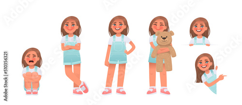 Set of little girl character in different poses and actions. Cute child is crying, posing, hugging a teddy bear, peeps out pointing