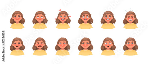 Set of different emotions of a little girl. Emoji. The child expresses surprise and joy, sadness and fear, love and disgust