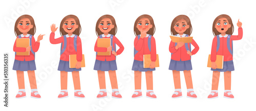 Set of elementary school student little girl character. Schoolgirl greeting, poses, thinks, reads, points, idea