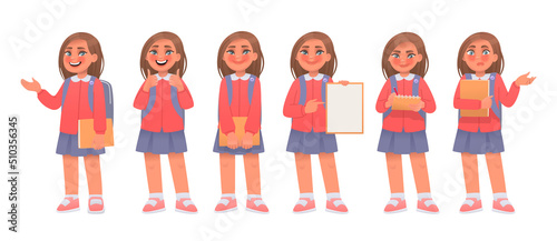 Set of elementary school student little girl character. Schoolgirl shows a gesture cool, poses, points to a blank poster, writes in a notebook, shrugs