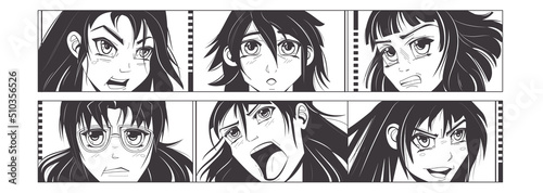 Anime girl. Japanese manga character. Face emotion expressions. Monochrome young women portraits set. Asian funny female person. Trendy comics human with eyes and mouths. Vector sketch art