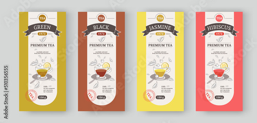 Label tea branding. Drink packaging stickers design. Food background banner for modern product with organic leaves and flowers. Hot beverage cup silhouette. Vector package tags pattern