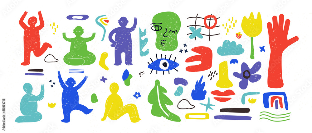Abstract shapes and people. Cute doodle faces and geometry blobs, flowers and leaves with scribble silhouettes. Colorful strange characters in different poses, vector isolated illustration