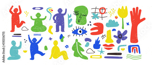 Abstract shapes and people. Cute doodle faces and geometry blobs, flowers and leaves with scribble silhouettes. Colorful strange characters in different poses, vector isolated illustration