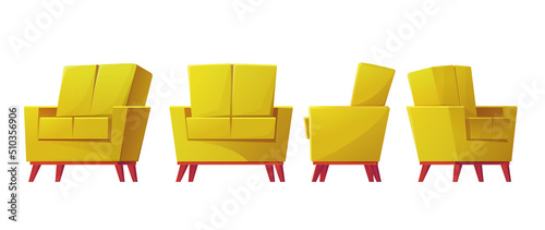 Easychair. Comfortable soft yellow armchair different viewing angle back, front and side. Colorful interior object, contemporary design element vector cartoon flat isolated illustration