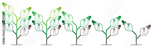 Infographics in the form of Trees with leaves. Development and growth of the green technology. Business presentation with 5 steps or processes. Info graphic. Timelines with 2, 3, 4, 5 and 6 parts.