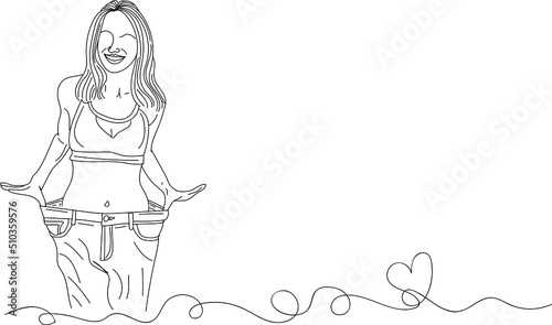 Weight loss logo, Healthy weight loss vector, sketch drawing of young girl showing her loose trousers for fast weight loss, super fit young girl silhouette