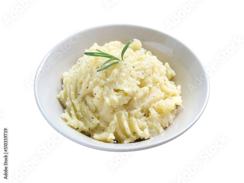 Mashed potatoes in bowl isolated on white background.