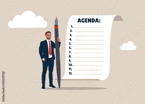 Entrepreneur holding holding pen thinking about agenda of a meeting with few items.
