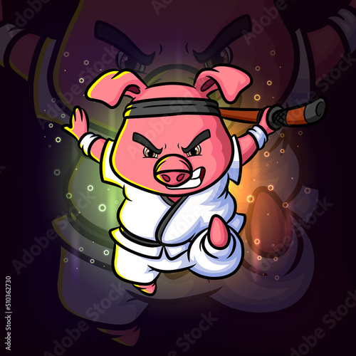 The karate pig is attack with the stick esport mascot logo design
