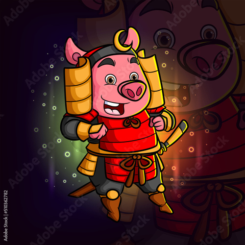 The cute pig with ancient swordsman esport mascot logo design