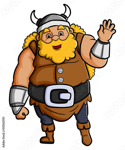 The giant boy with the viking costume is waving the hand