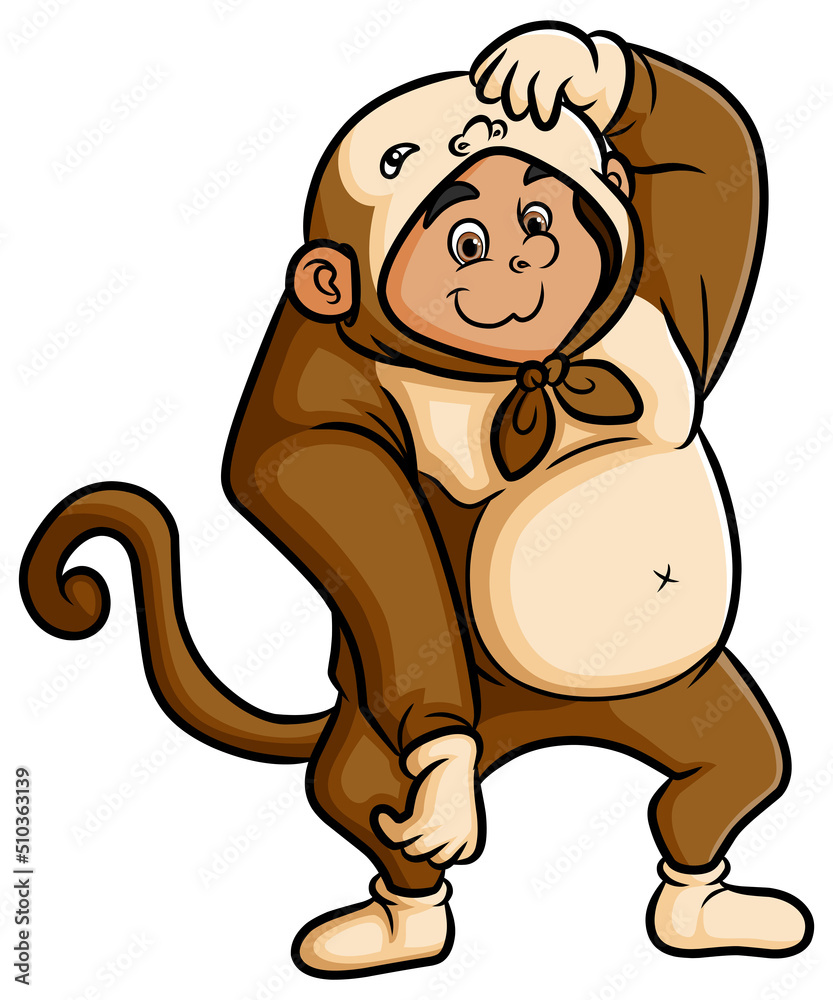 Obraz premium The cute man with a monkey costume is showing off