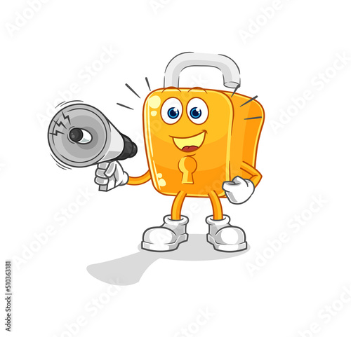 padlock holding hand loudspeakers vector. cartoon character