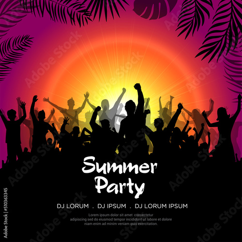 Summer time party design background with happy youth silhouette vector. Summer party flyer template