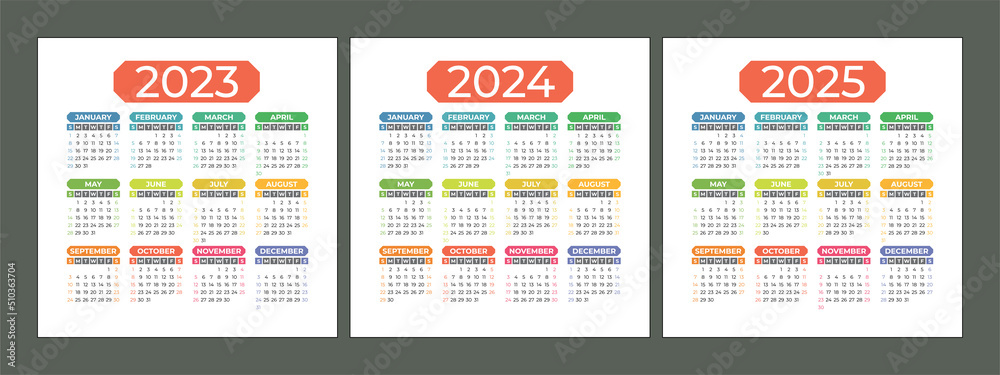 Calendar 2023, 2024 and 2025 years. Square vector calender design