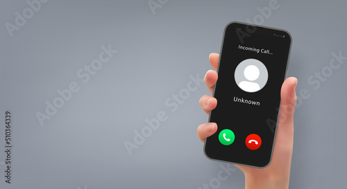 Woman hand holding mobile phone, call interface, vector illustration