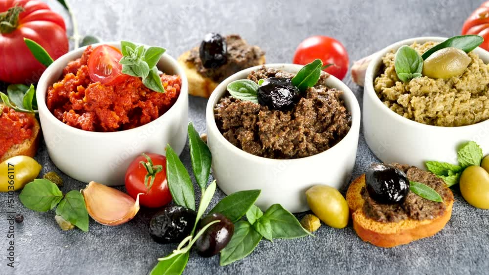assorted of olive tapenade and dipping sauce