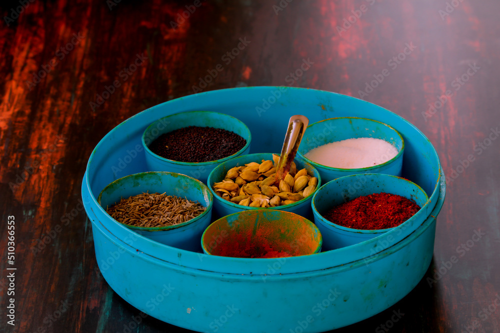 Essential Indian Spices In An Indian Spice Box With Copy Space