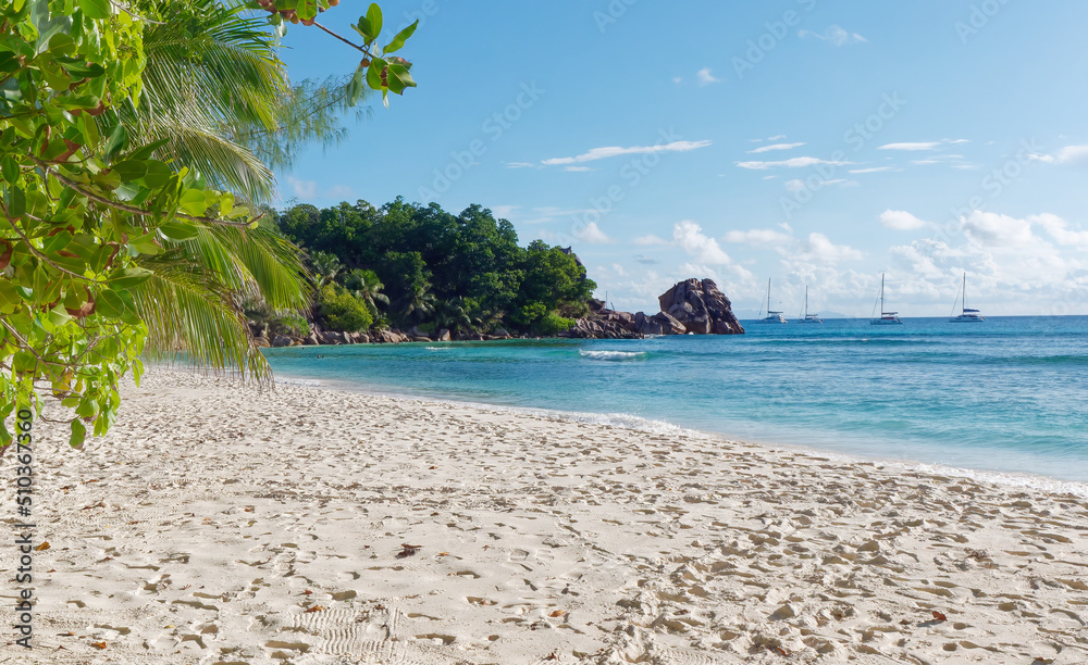 View of the magnificent beach of Petite Anse on the Isle of La Digue, Seychelles